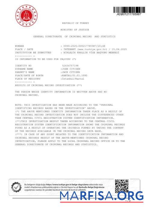 Printable Turkey Ministry of Justice Criminal Record Certificate template